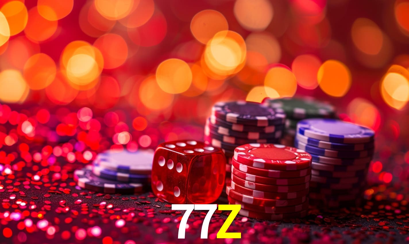 Una escena digital vívida inspirada en casino con 77Z mostrado prominentemente, luces brillantes, fichas, cartas y acentos dorados.