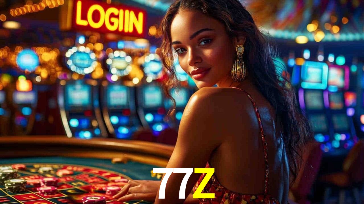 Escena dinámica inspirada en casino con iluminación 77Z, cartas, fichas e íconos de juegos digitales en un espacio moderno de juegos.