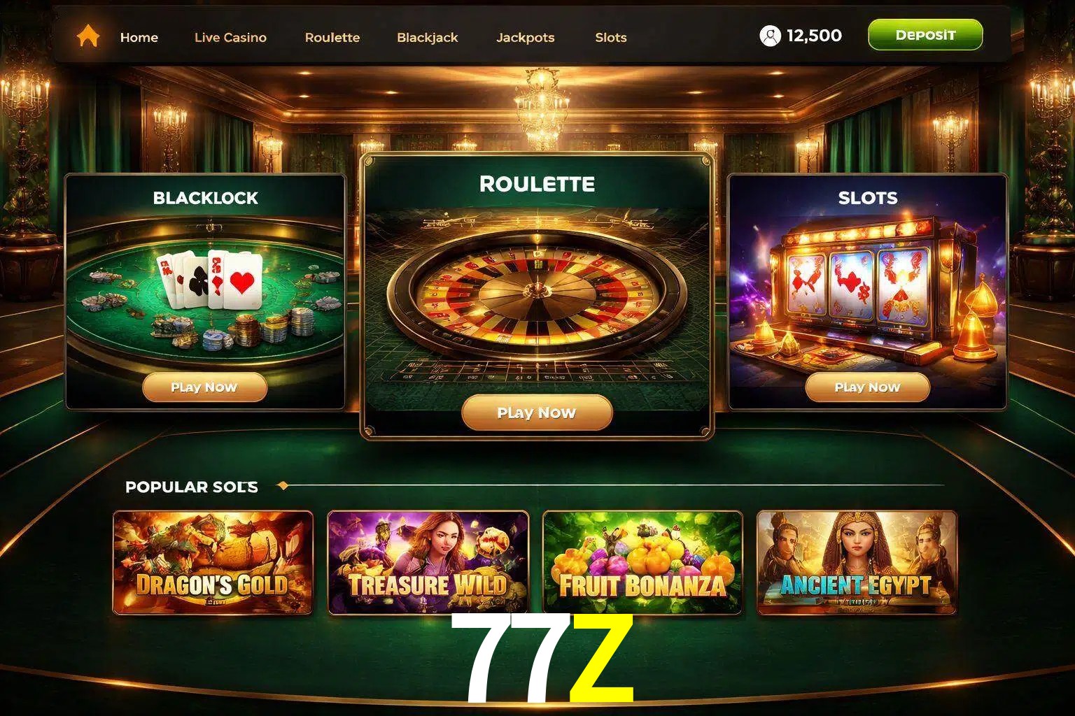 Vista de la plataforma 77Z Casino mostrando categorías organizadas de juegos en línea