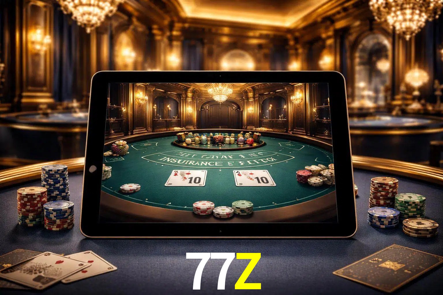 Configuración moderna de casino en vivo con una tableta mostrando una mesa de blackjack, luces cálidas de estudio y una atmósfera elegante de juegos digitales.