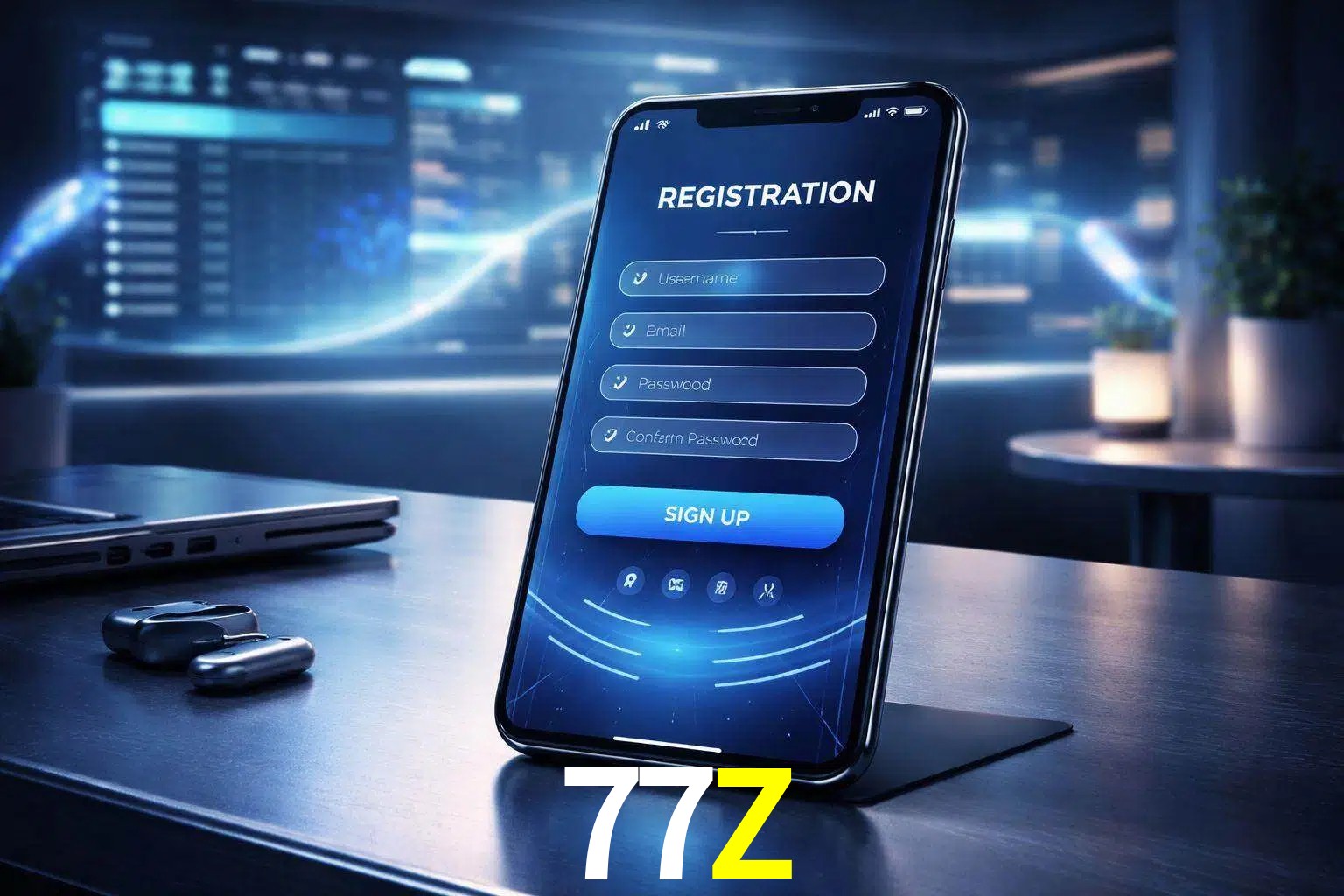 Una interfaz moderna de registro móvil para 77Z mostrada en un smartphone con un panel de apuestas elegante.